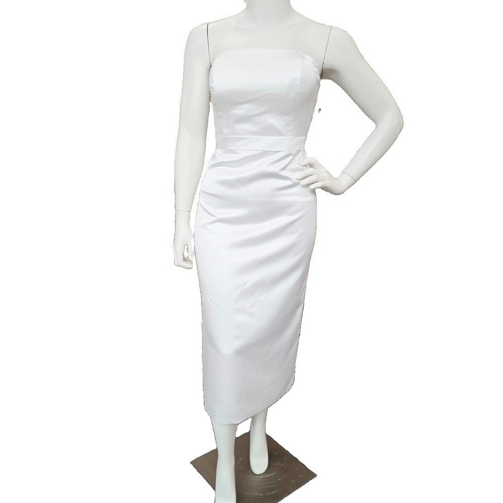 Miss Veil White Satin Strapless Corset Back Midi Dress Bridal Formal Wedding NEW